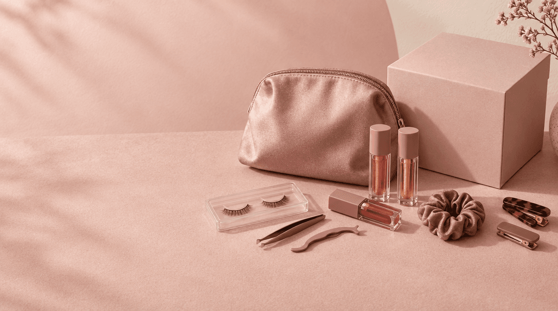 An editorial arrangement of an unbranded makeup pouch, lip oils, lash accessories and a gift box